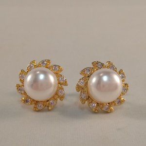 18K Yellow Gold Filled Pearl Swirl Flower Diamond Topaz Zircon Stud Earrings